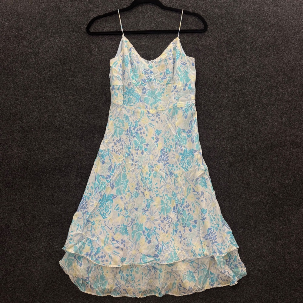 Ann Taylor Vintage 100% Silk Floral Midi Dress Blue Yellow Lace Trim Size 2